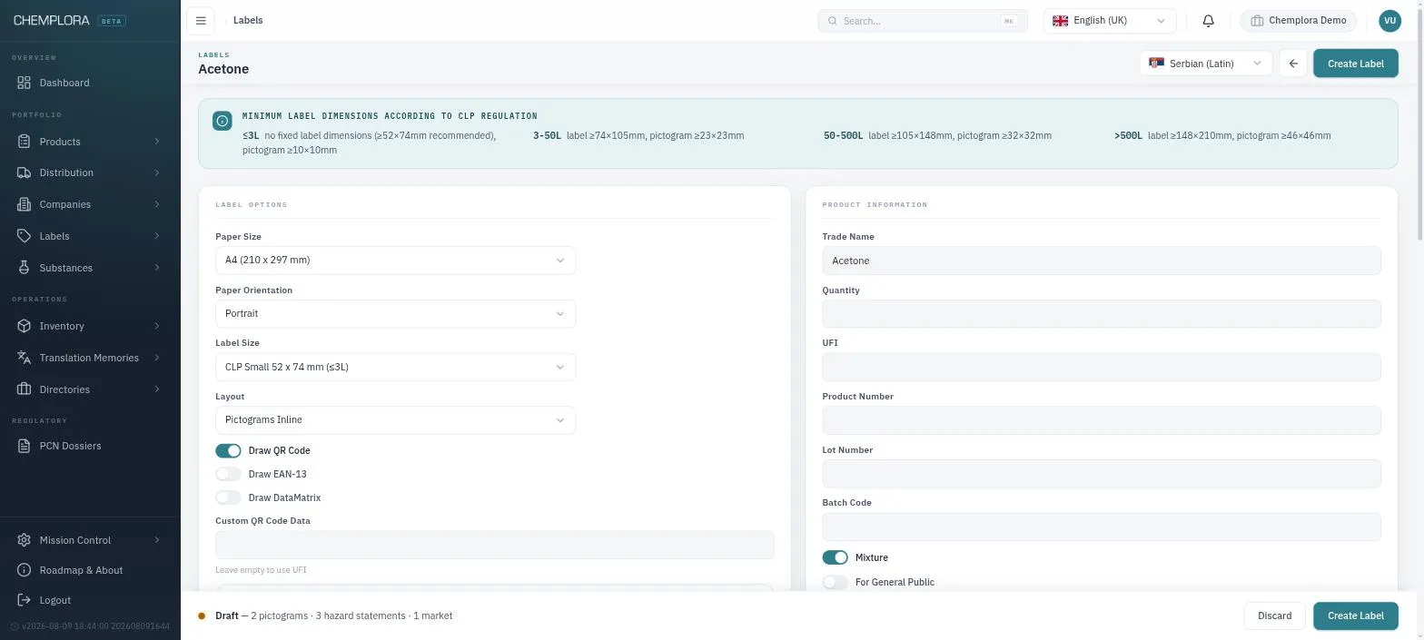Label designer showing GHS label with pictograms and QR code
